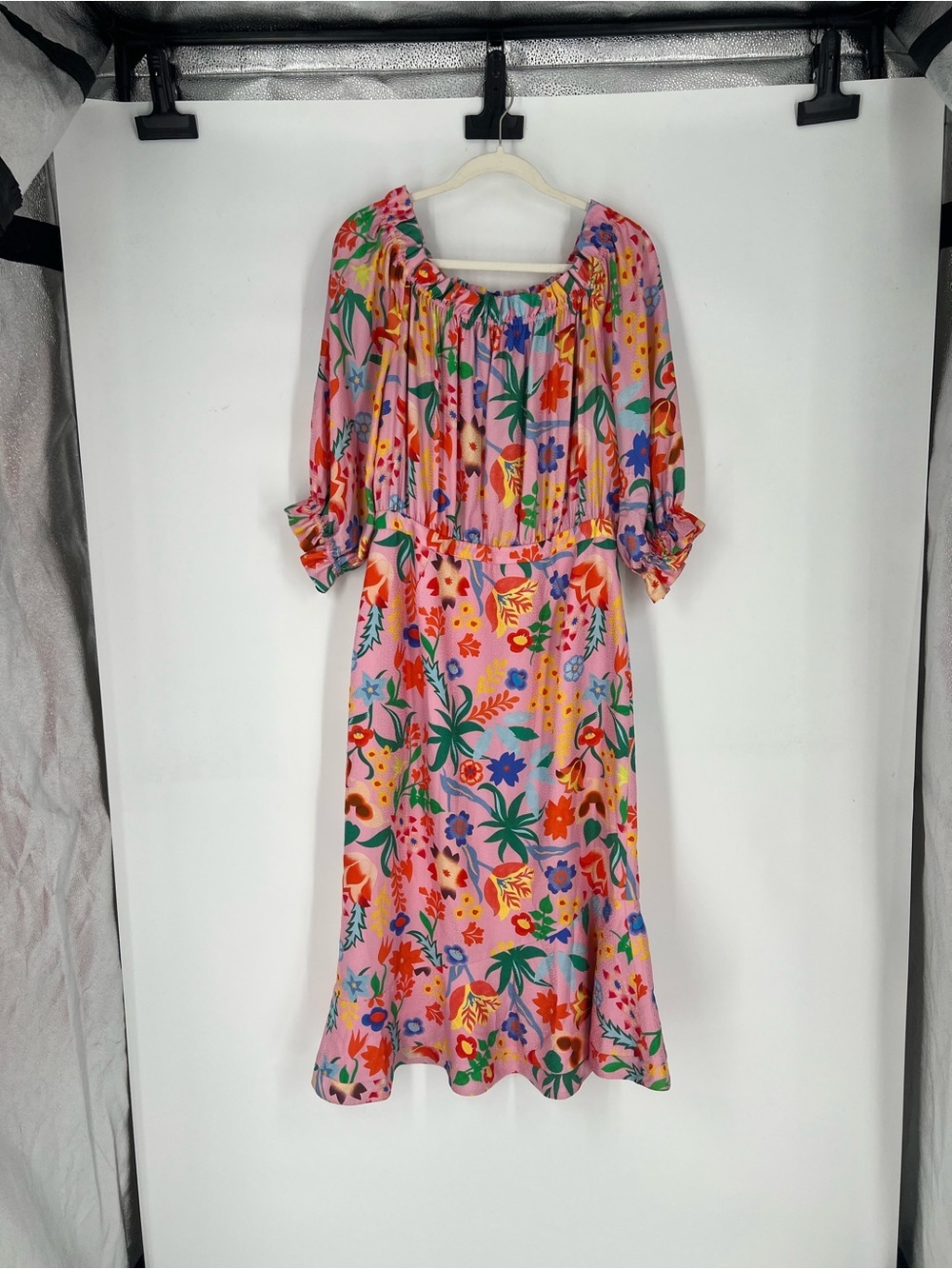SALONI Silk Pink Quarter Sleeve Colorful Tropical-Print Designer Midi Dress 12